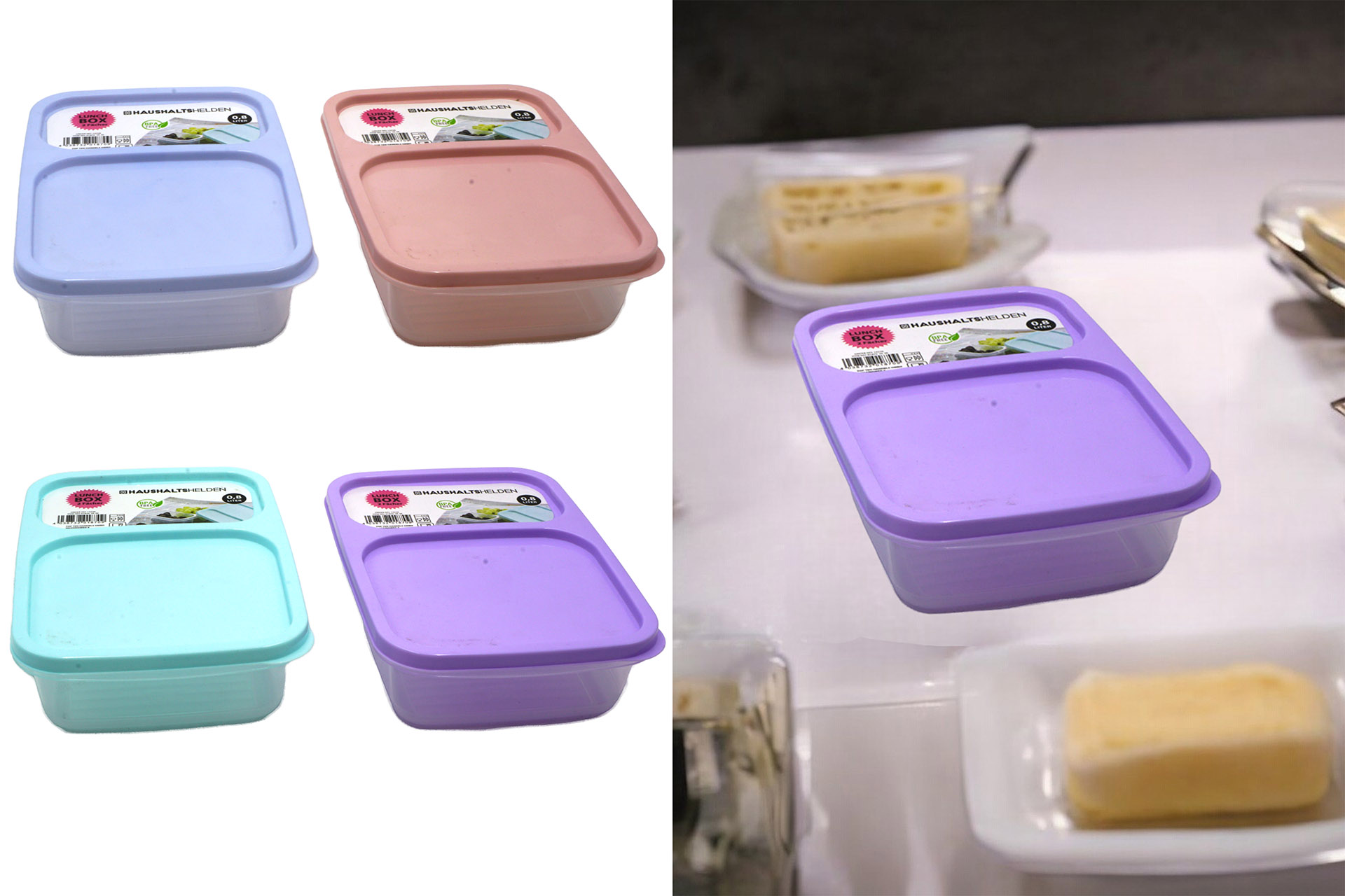 Frischhaltebox Lunchbox, 2 Fächer, 0,8 Liter, 4 Farben