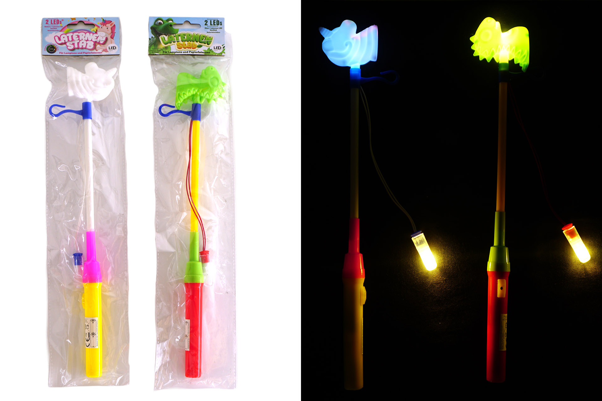 Laternenstab "Einhorn & Dino ", mit 2 LED, 30cm, 2 Designs