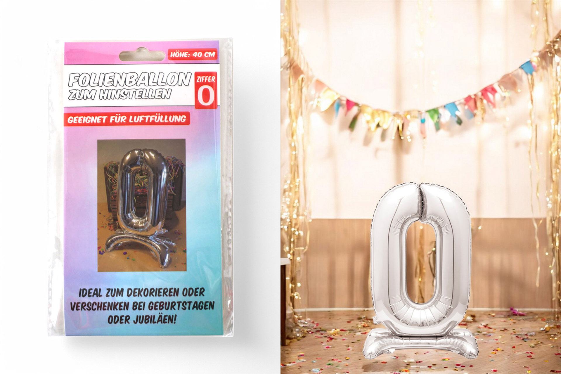 Folienballon zum Hinstellen "0", 40cm, in silber