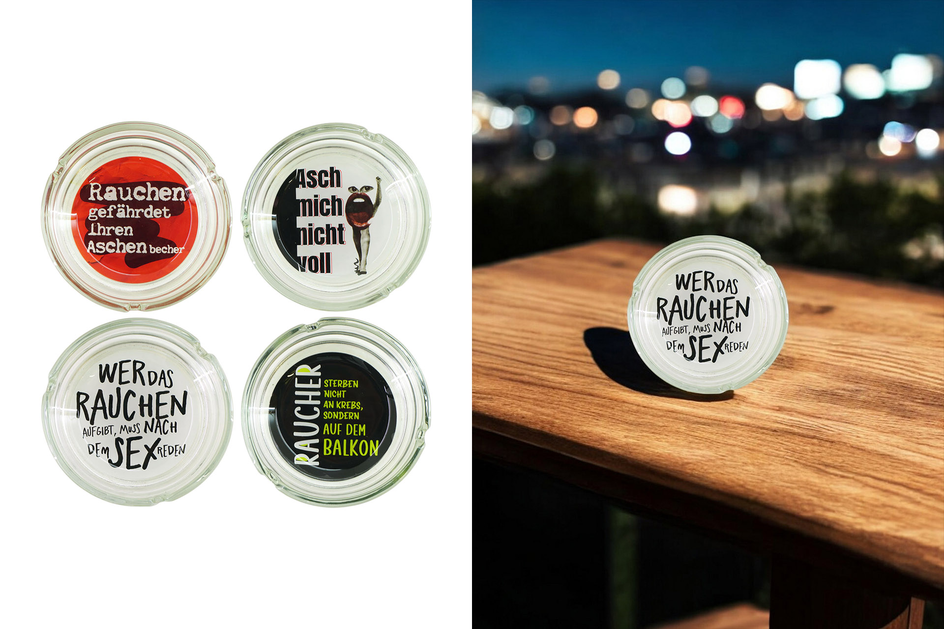 Aschenbecher Glas mit Sprüchen, 10x3,5cm, 4 Designs