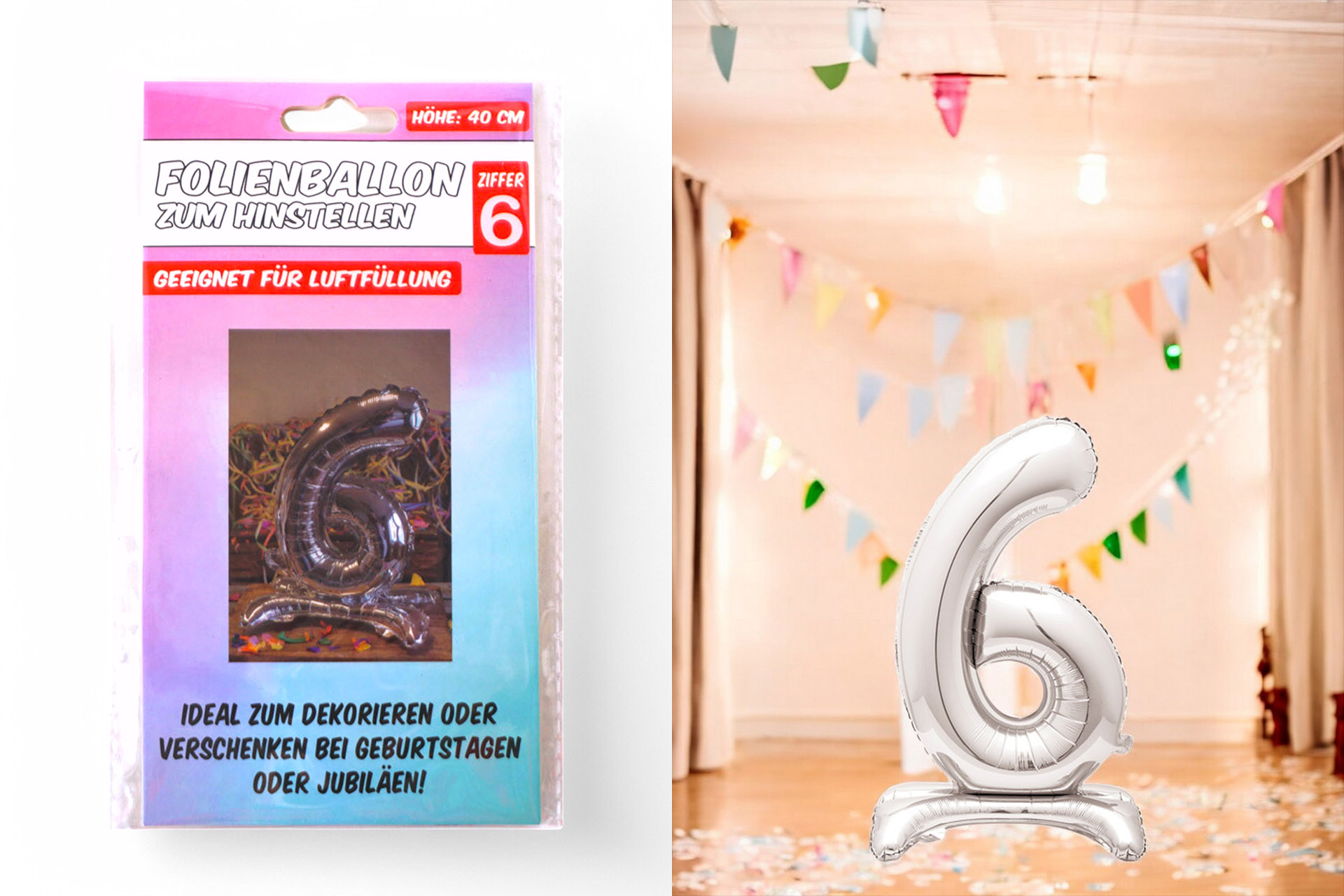 Folienballon zum Hinstellen "6", 40cm, in silber