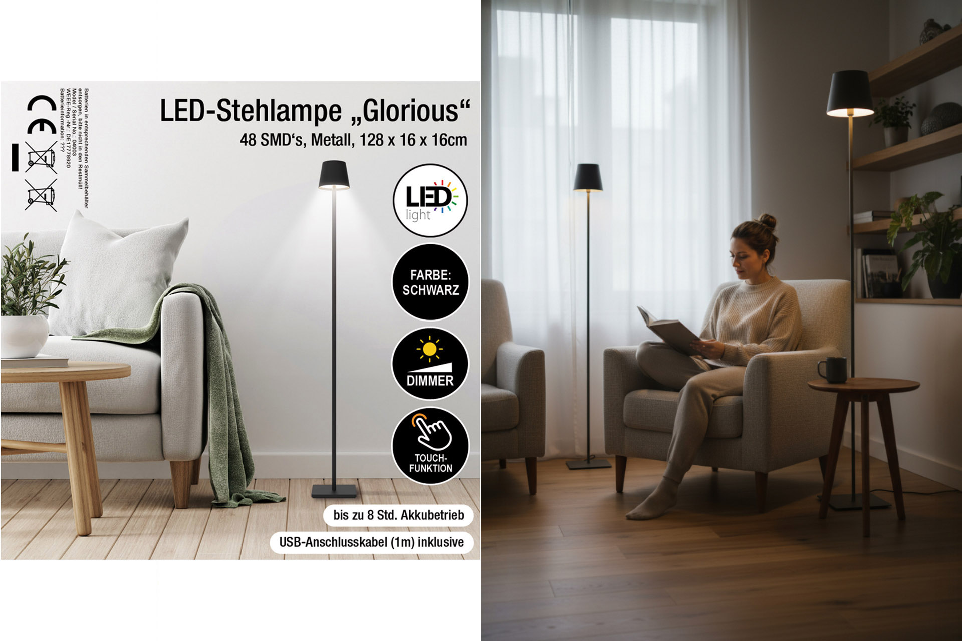Stehlampe LED „Glorious“, 118x16x16cm, dimmbar, mit Touchfunktion, schwarz