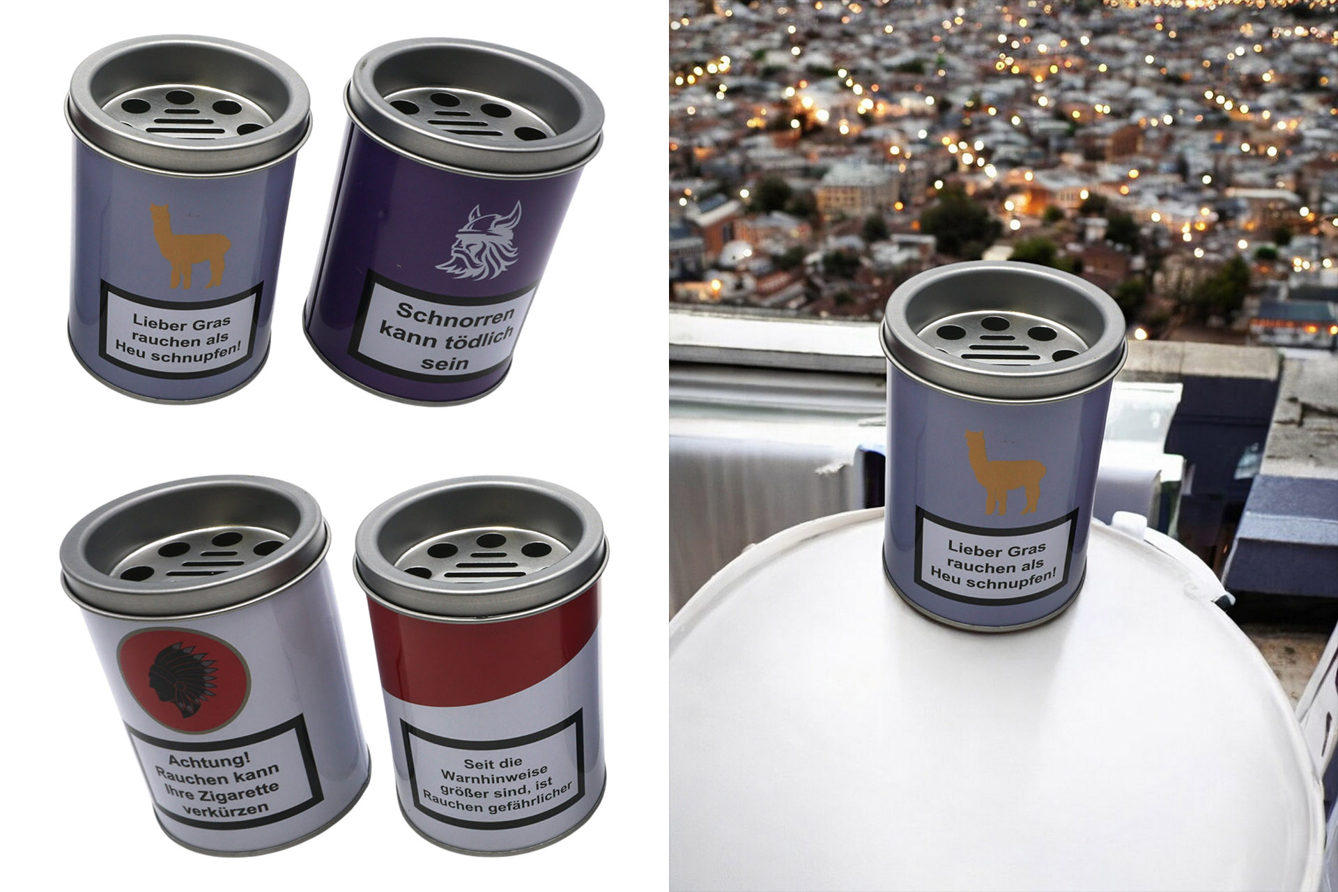 Aschenbecher Metall rund 7,7x10cm, 4 Designs