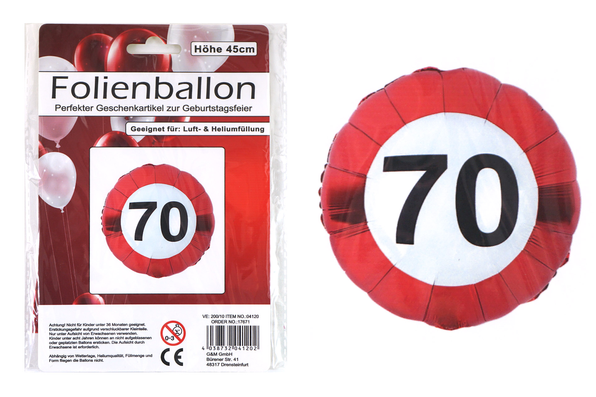 Folienballon Jubiläum Verkehrsschild "70", 45cm