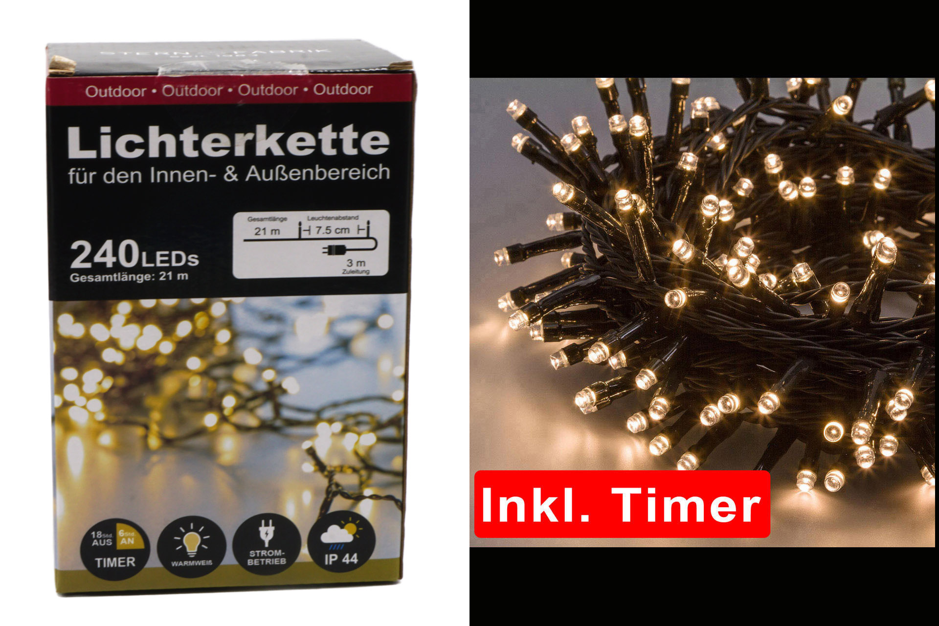 Lichterkette Basic LED, 240er, warmweiß, In- & Outdoor, IP44, mit Timer