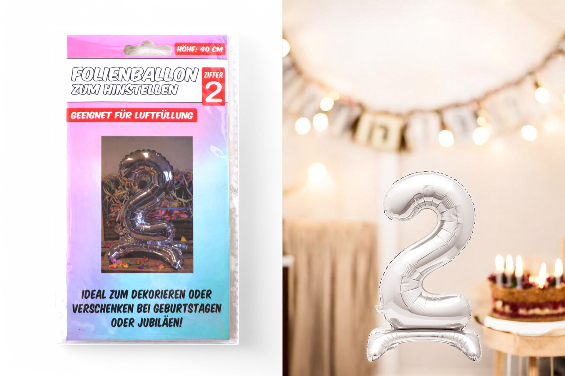 Folienballon zum Hinstellen "2", 40cm, in silber