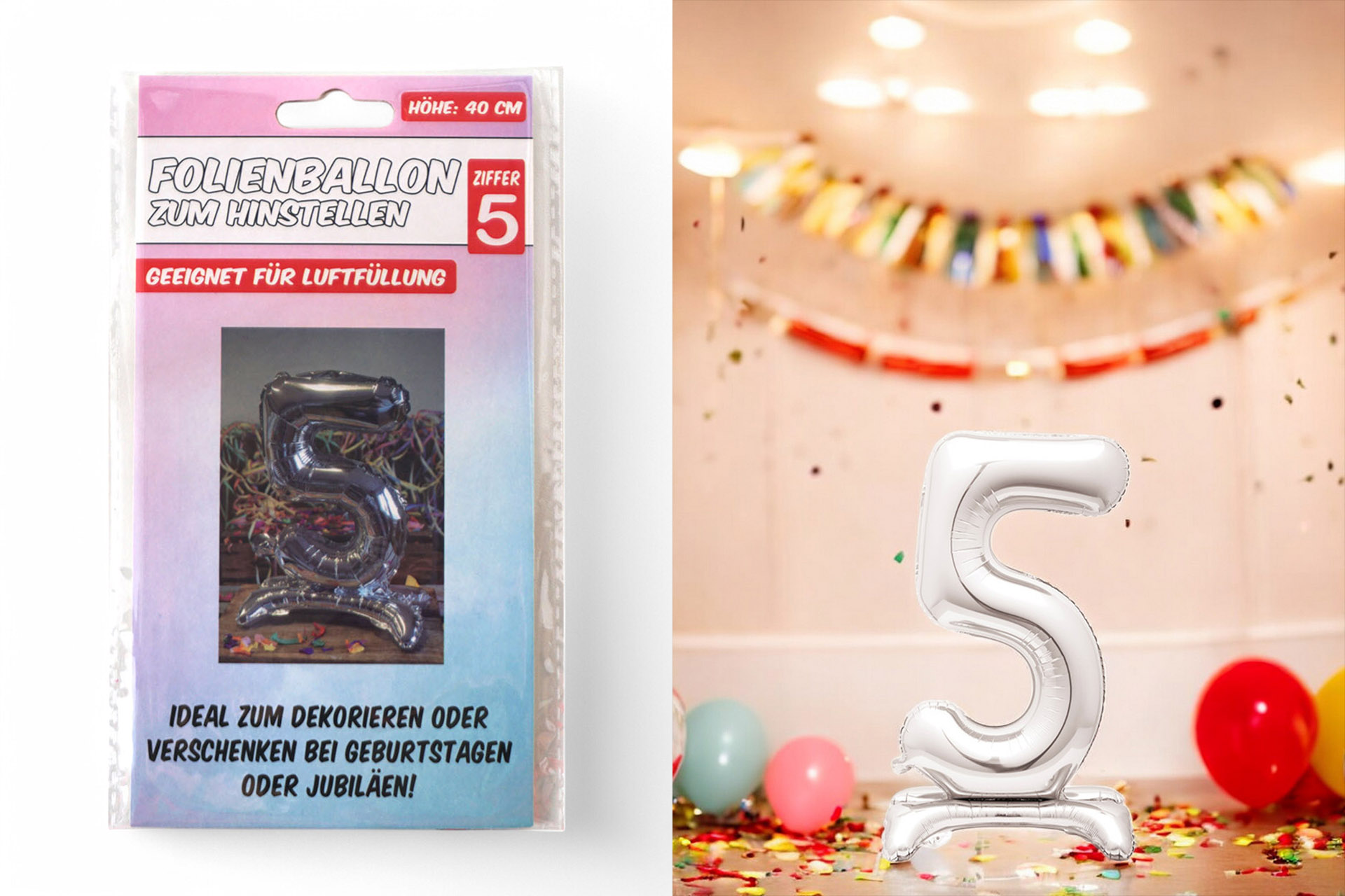 Folienballon zum Hinstellen "5", 40cm, in silber