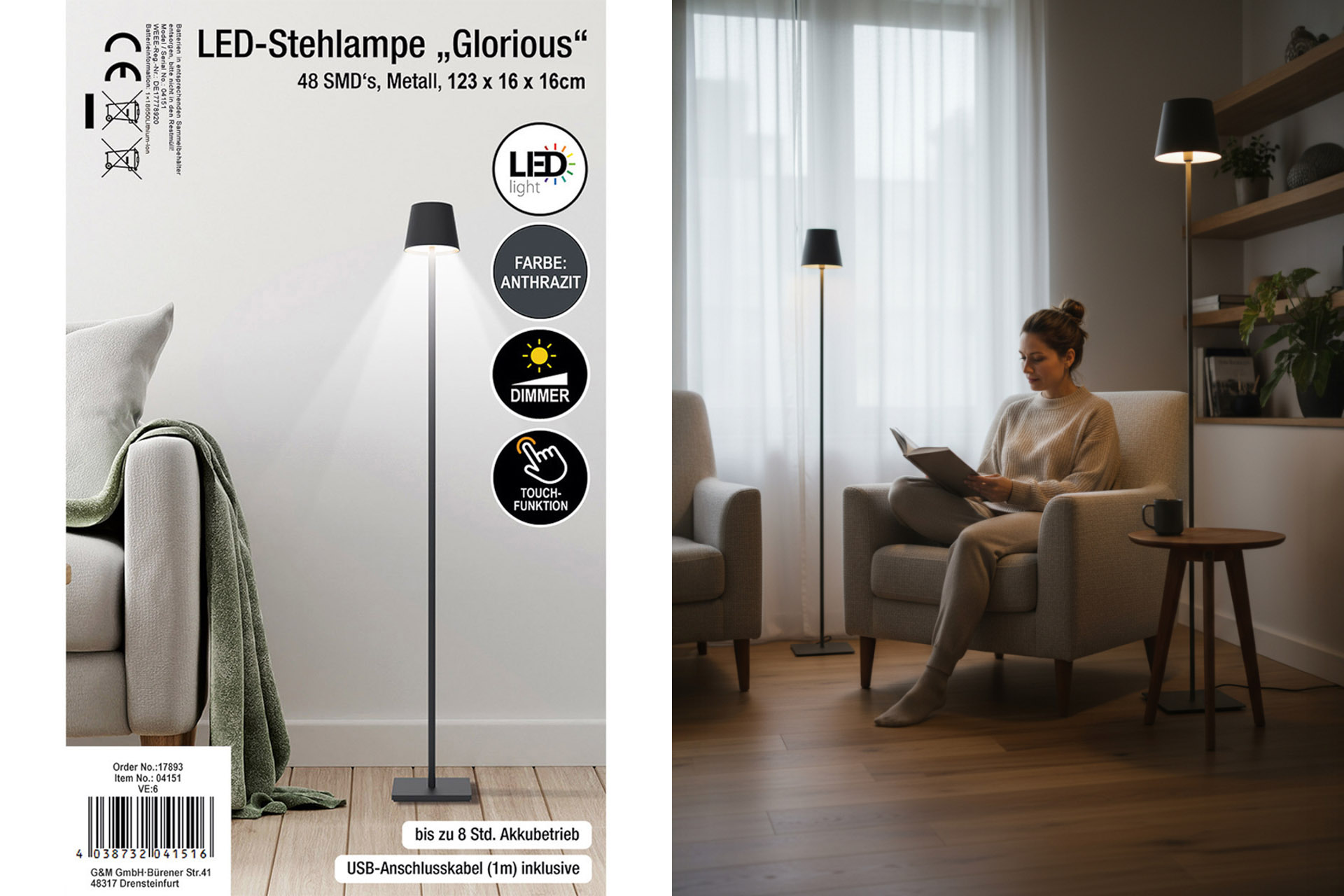 Stehlampe LED „Glorious“, 118x16x16cm, dimmbar, mit Touchfunktion, grau
