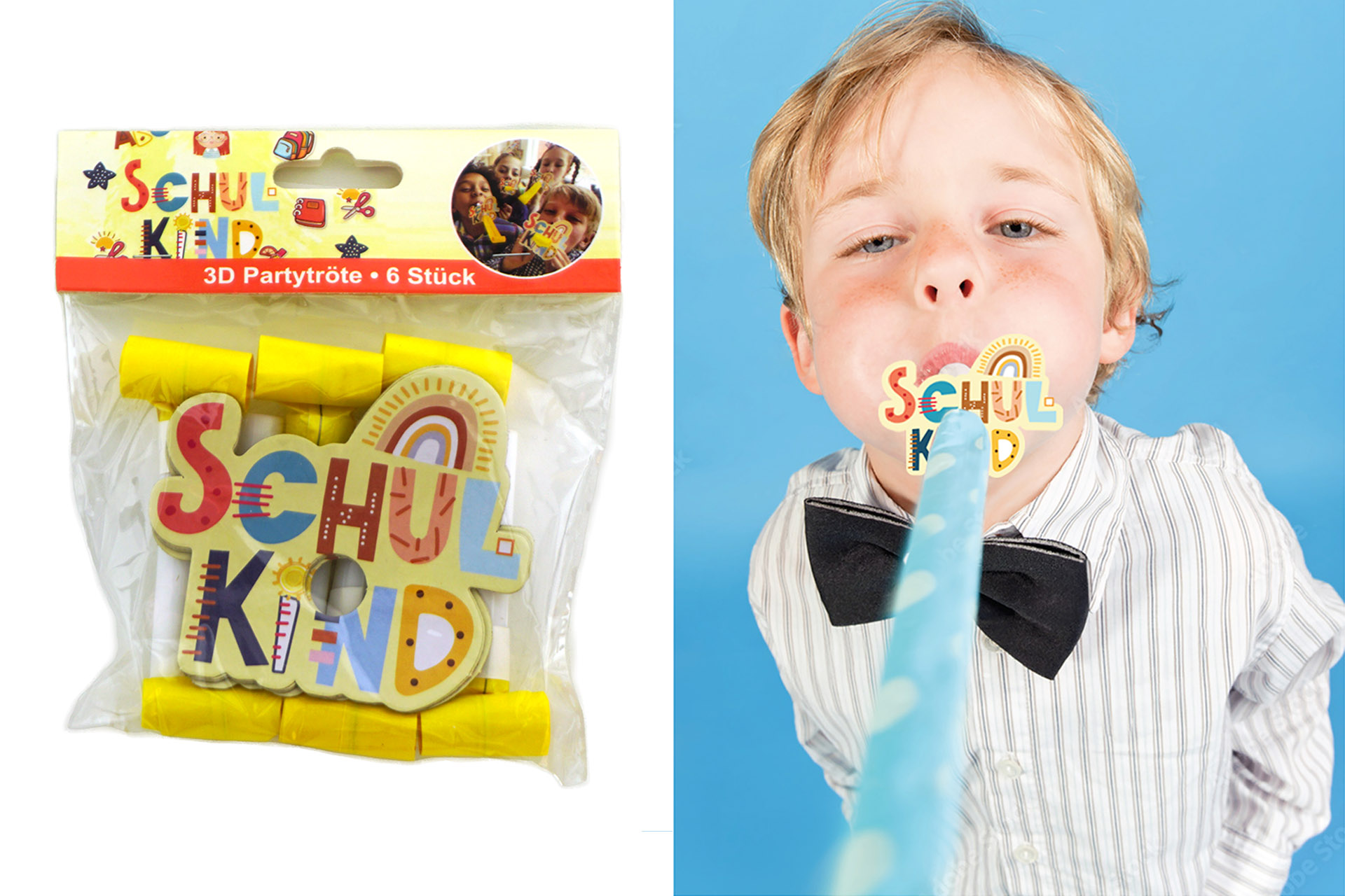 Partytröte Schulanfang "3D Face", 6er Set, 11x8cm