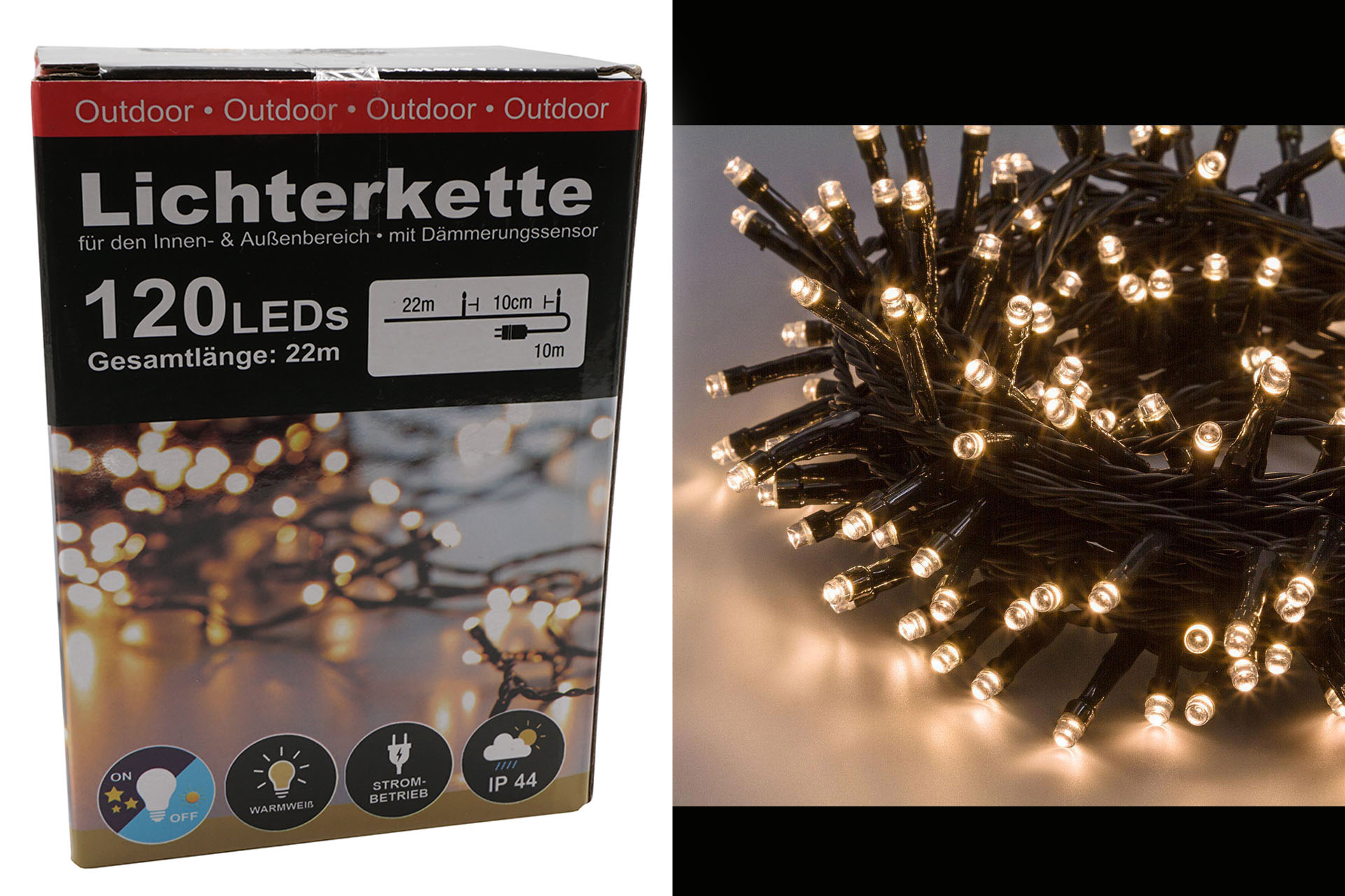 LED Lichterkette mit Nacht Sensor, 120 LEDs, 22m, warmweiß, 230V