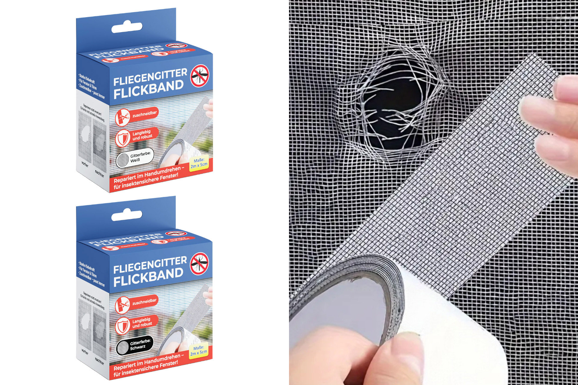 Insektennetz Flickset selbstklebend, zuschneidbar, 2m, schwarz/weiß