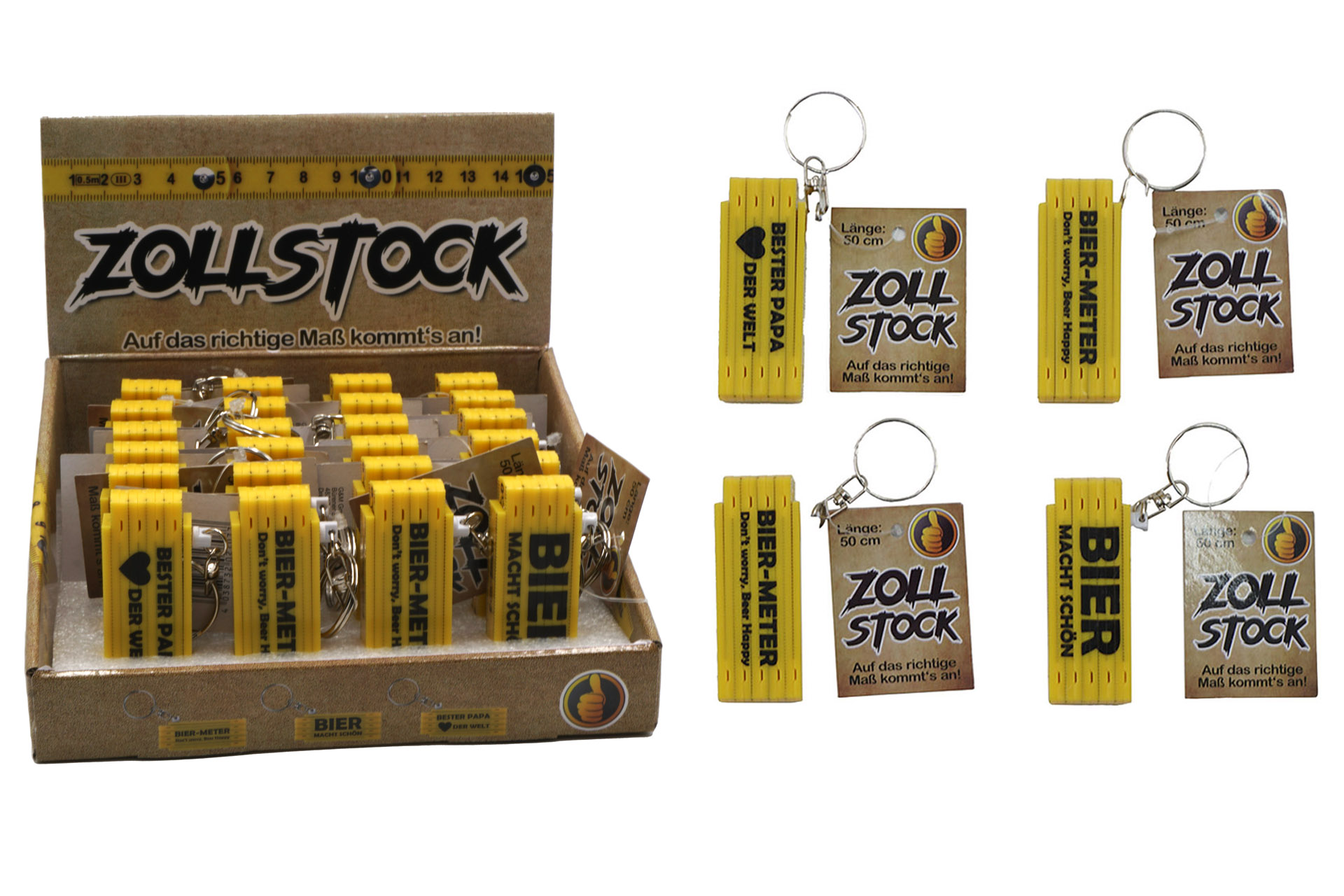 Zollstock Schlüsselanhänger 50cm mit Sprüchen, 3-fach sortiert, gelb, im Display