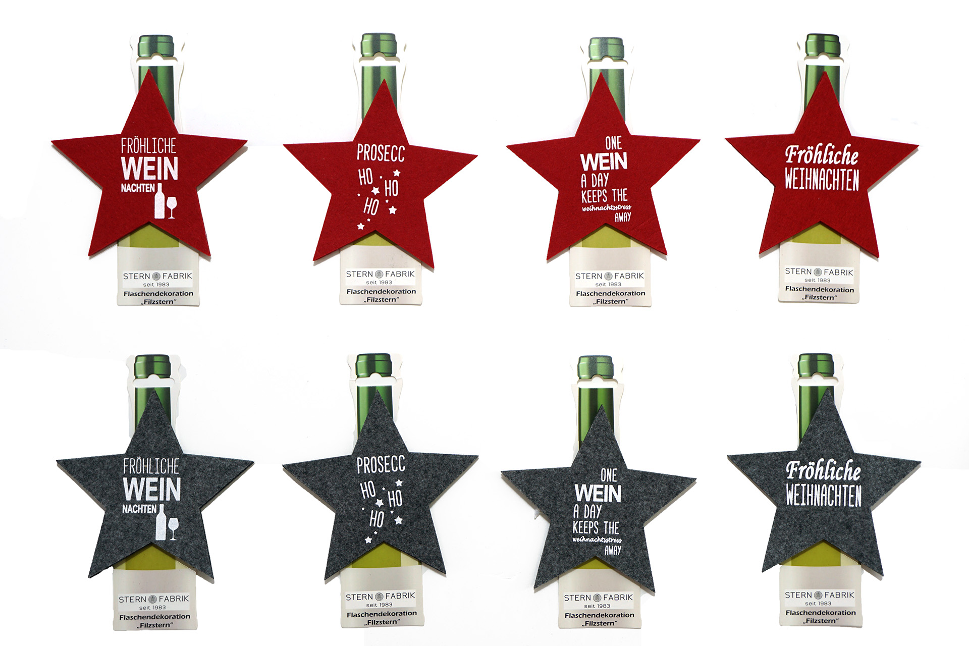 Flaschendekoration Filzstern, 14,5cm, 2 Farben, 4 Designs