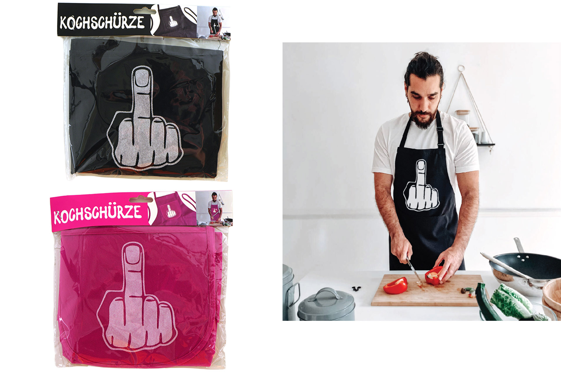 Kochschürze "Mittelfinger" mit Tasche, 2 Farben