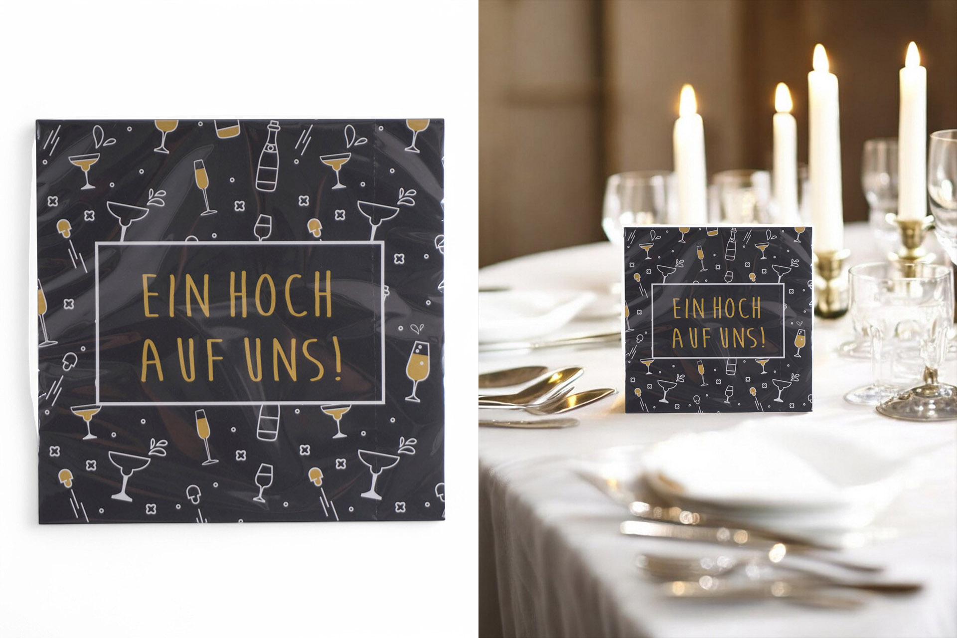 Servietten Silvester "EIN HOCH AUF UNS!" 33x33cm, ¼ Falz, 3-lagig, 20er Pack