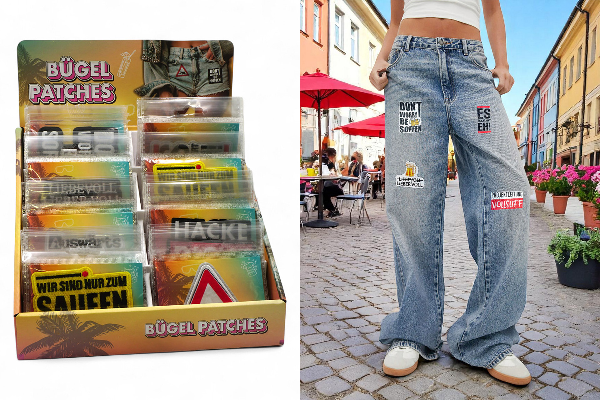 Bügelaufnäher Patches "Malle-Party", 8 Designs sortiert, im Display