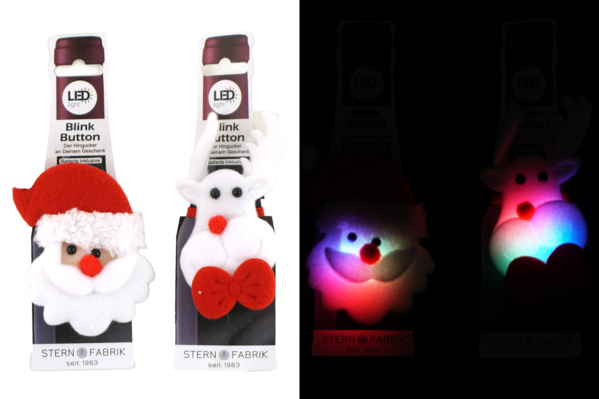 LED Weihnachtsanstecker Blink-Button auf Karte, 2 Designs