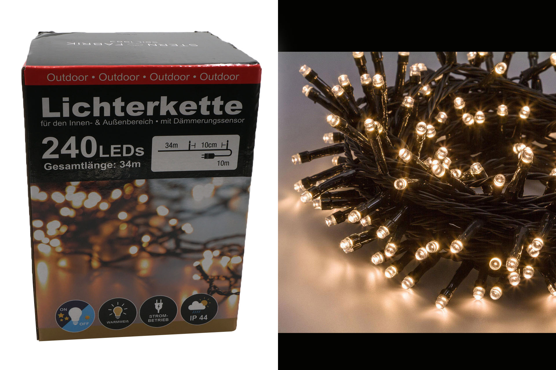 LED Lichterkette mit Nacht Sensor, 240 LEDs, 34m, warmweiß, 230V