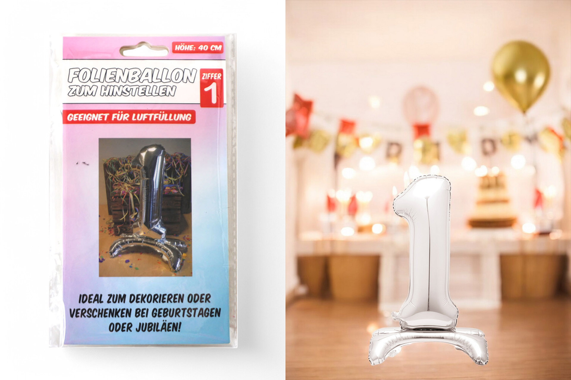 Folienballon zum Hinstellen "1", 40cm, in silber