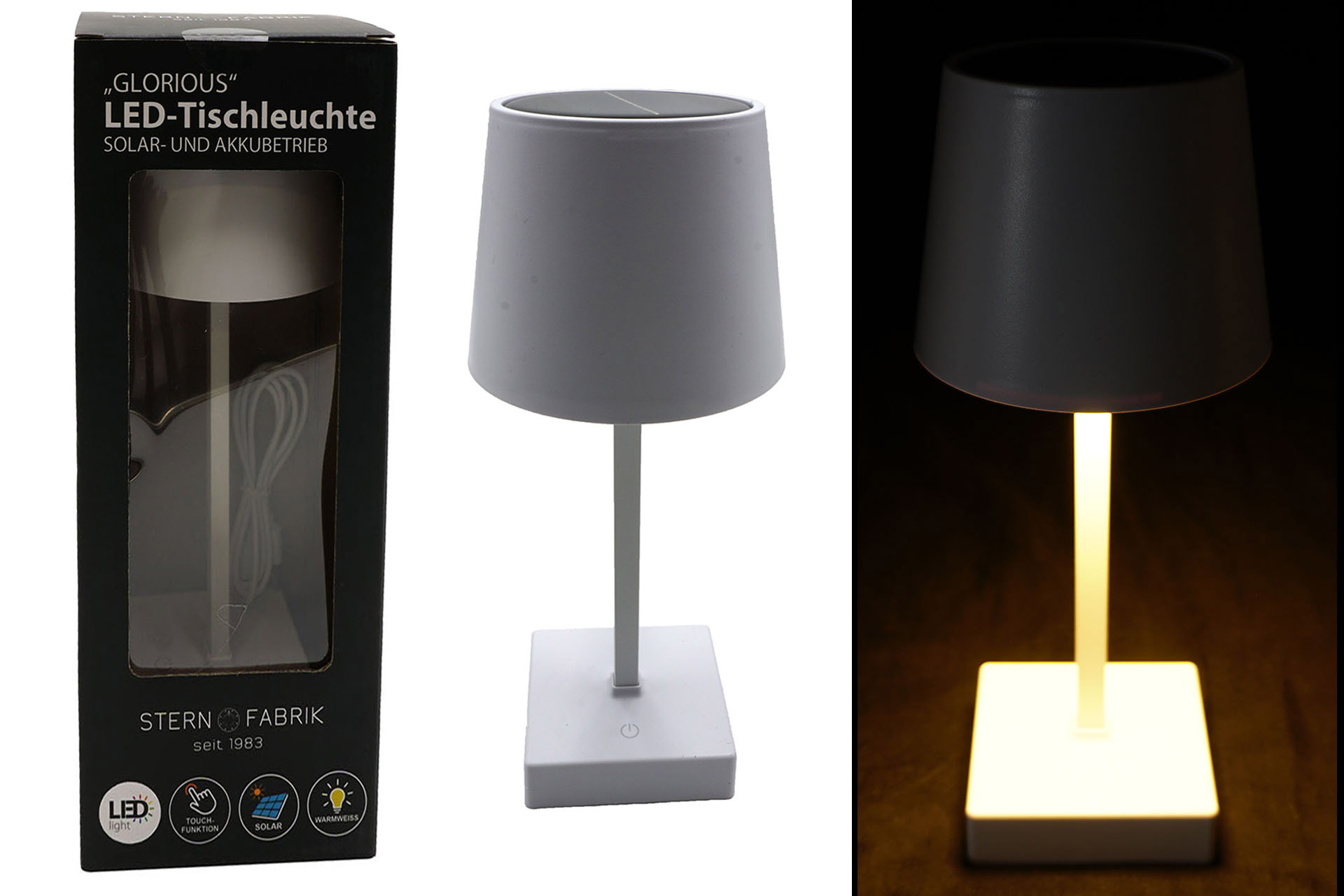 Solar Tischlampe LED „Glorious“, 26x10,6x8cm, warmweiß, weiß