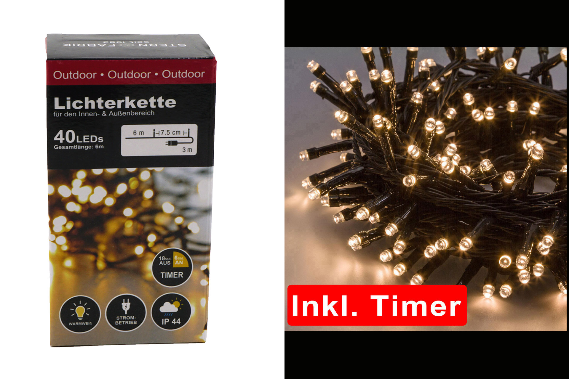 Lichterkette Basic LED 40er, warmweiß, In- & Outdoor, IP44, mit Timer