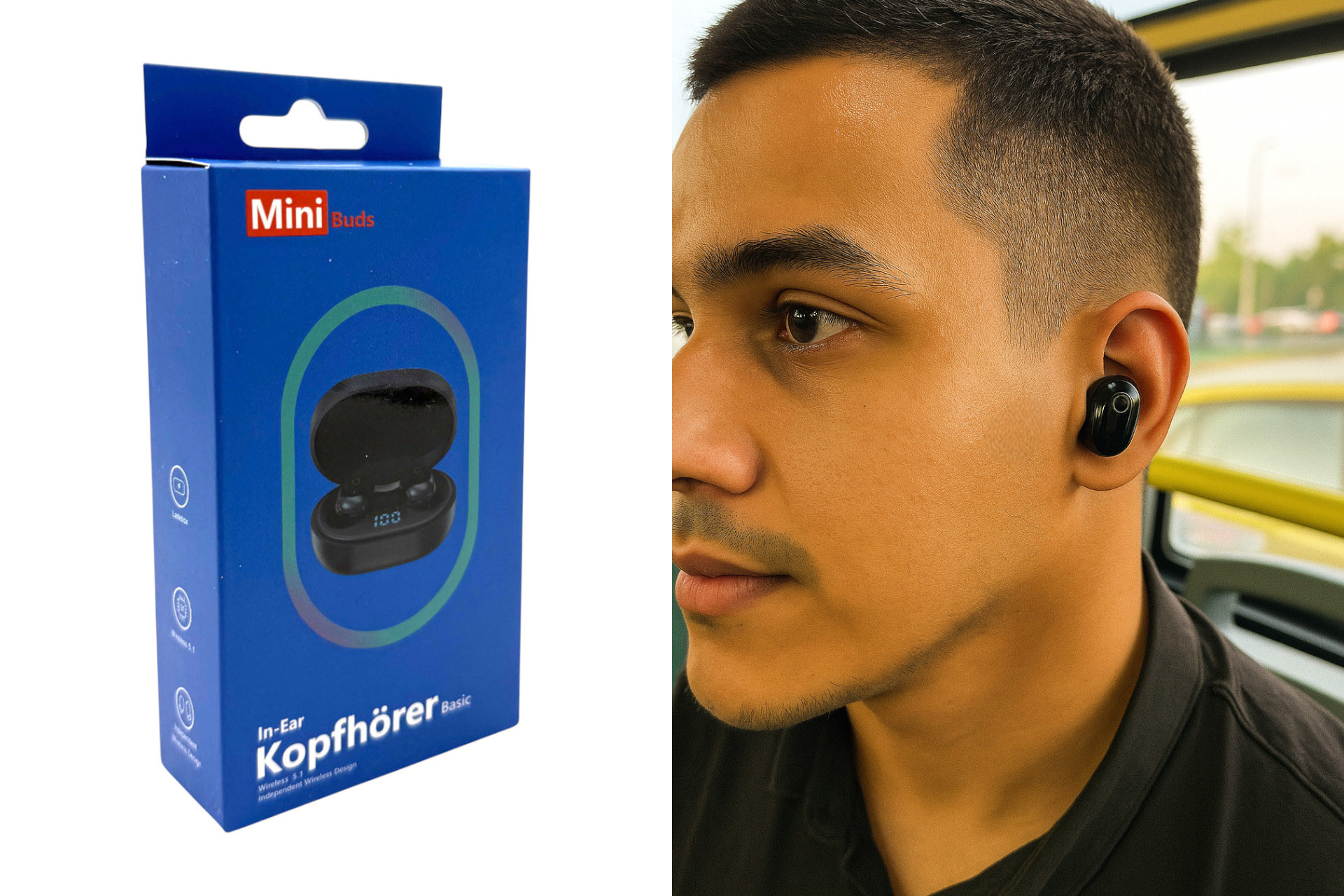 Bluetooth Kopfhörer "in ear" mit Hülle, schwarz, 6x4x2,5cm