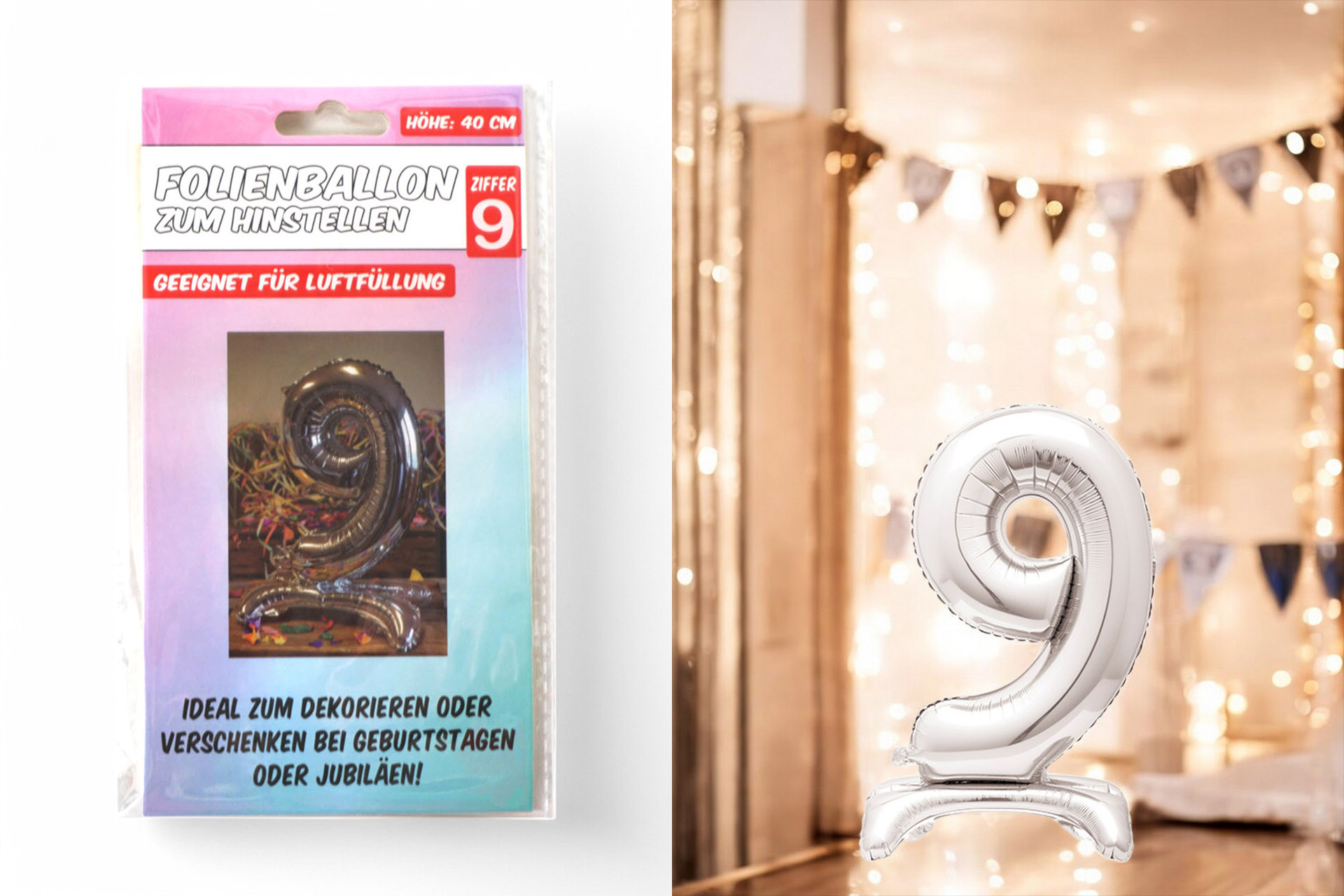 Folienballon zum Hinstellen "9", 40cm, in silber