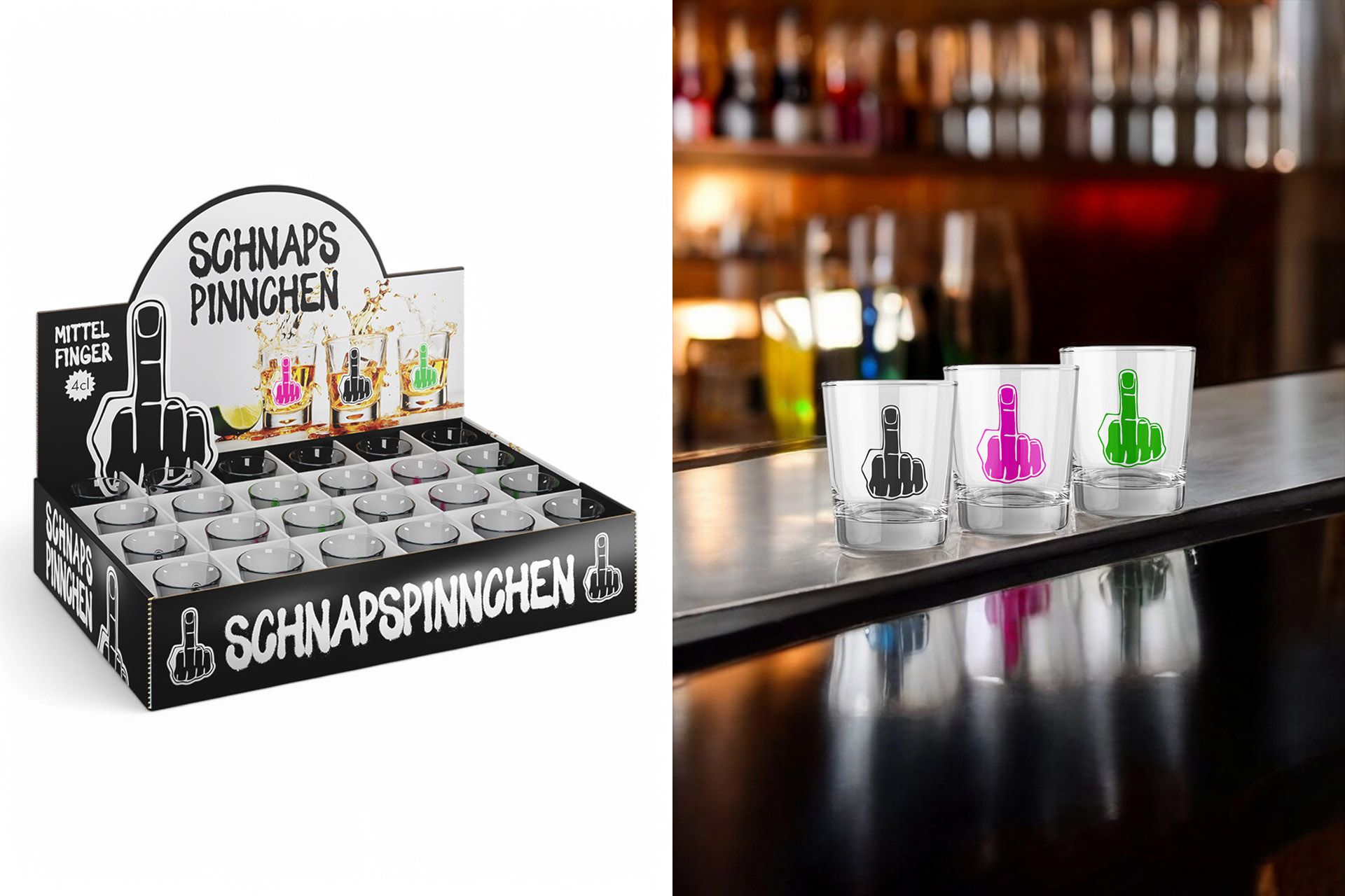 Schnapspinnchen "Mittelfinger" Glas 4cl, im Display, 3 Farben
