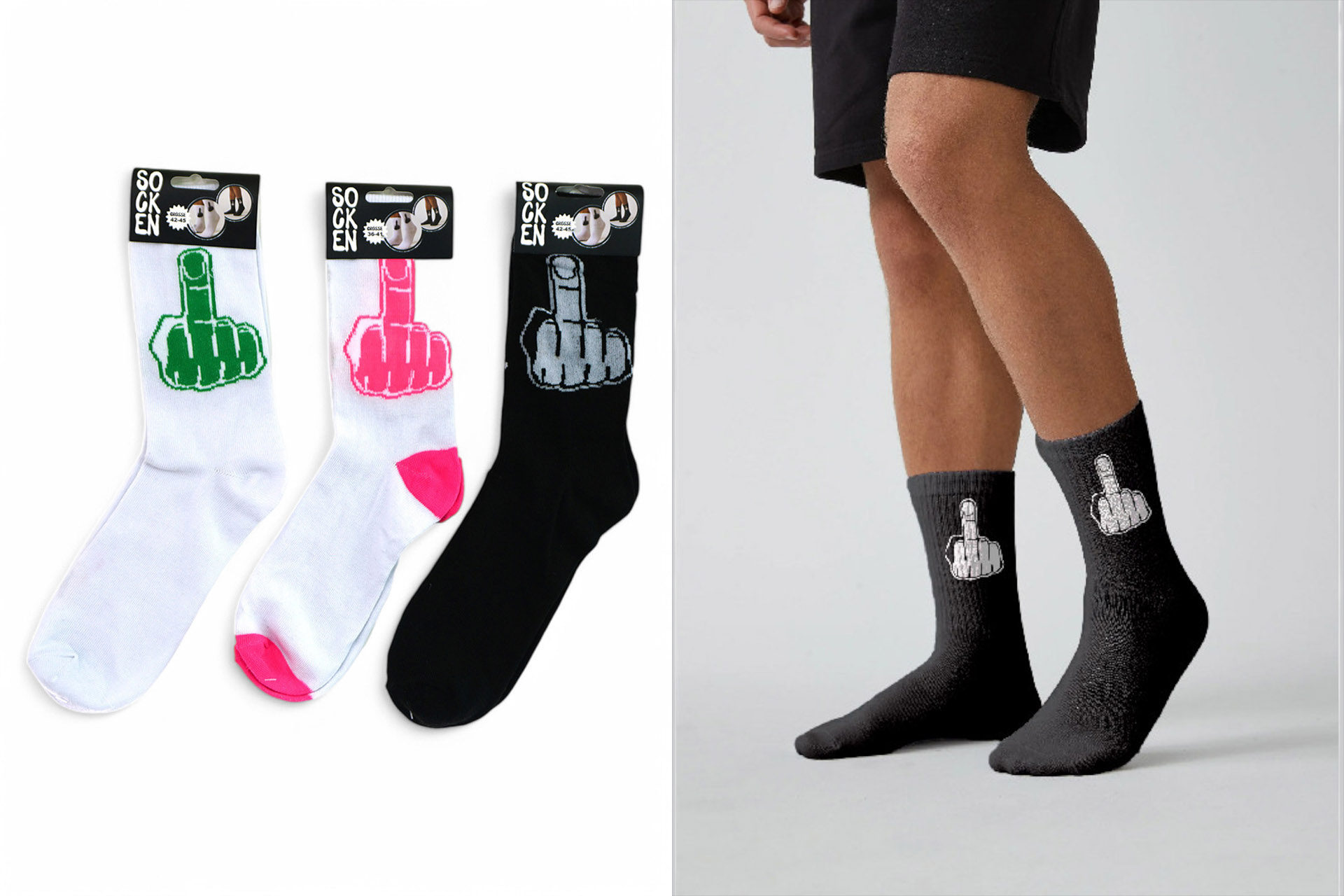 Socken "Mittelfinger", 7x21cm, 2 Designs, Gr 36-41, Gr. 42-45 sortiert, 3 Farben