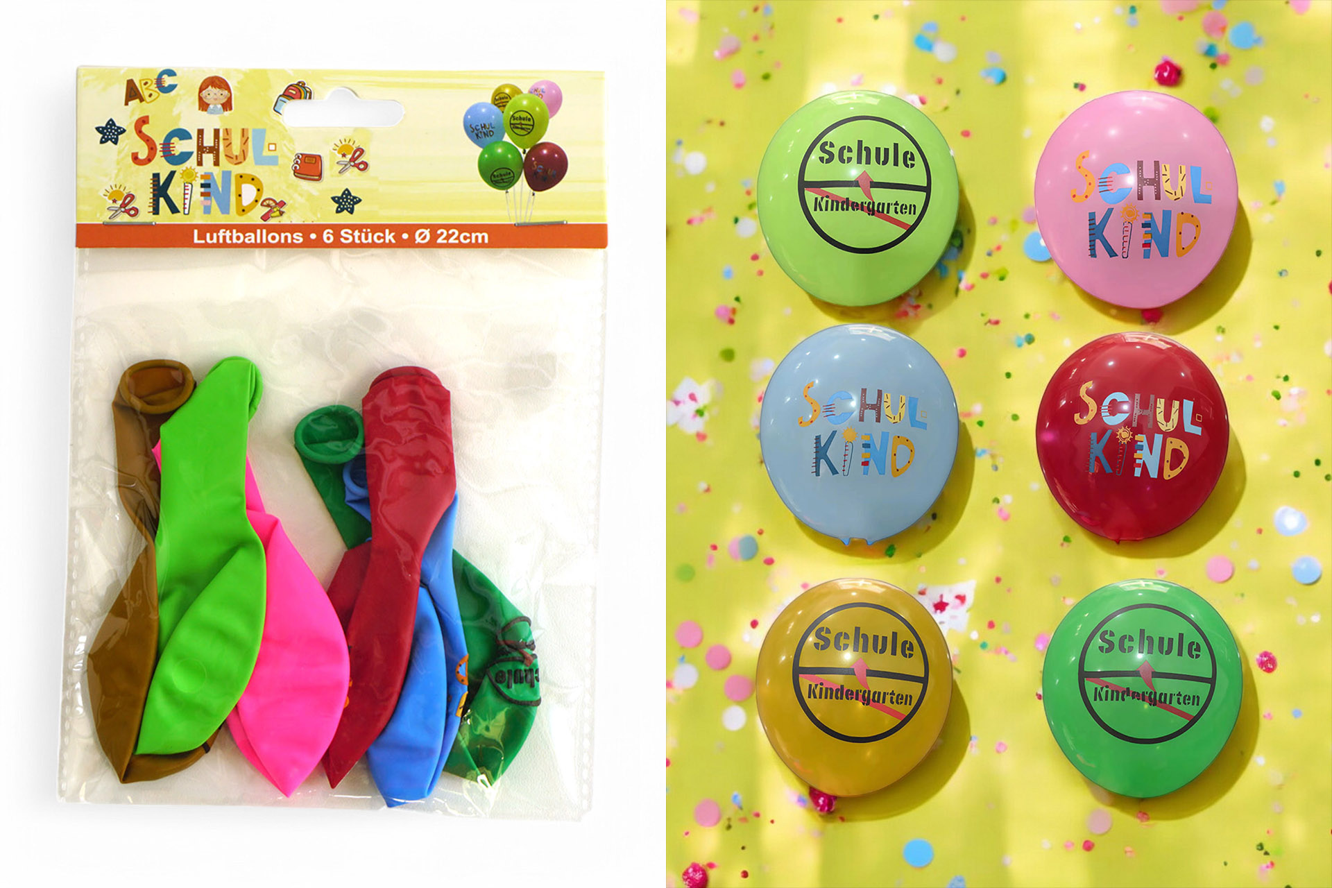 Luftballons "endlich Schulkind" bunt, 6er Pack, ø22 cm, 6 Farben sortiert