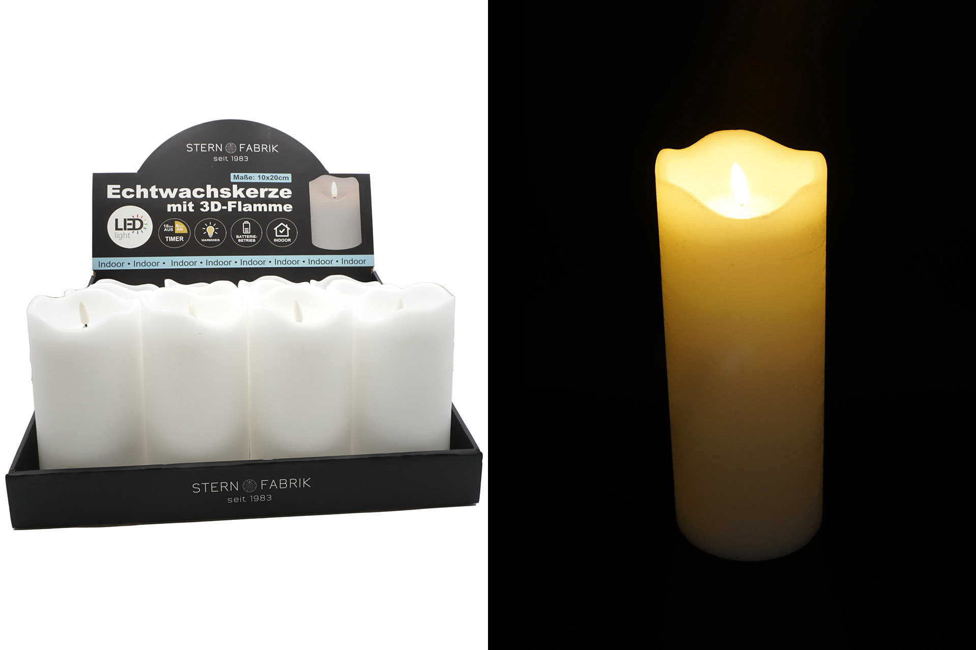 LED Echtwachskerze "3D Flamme" 10x20cm mit Timer, weiß, im Display