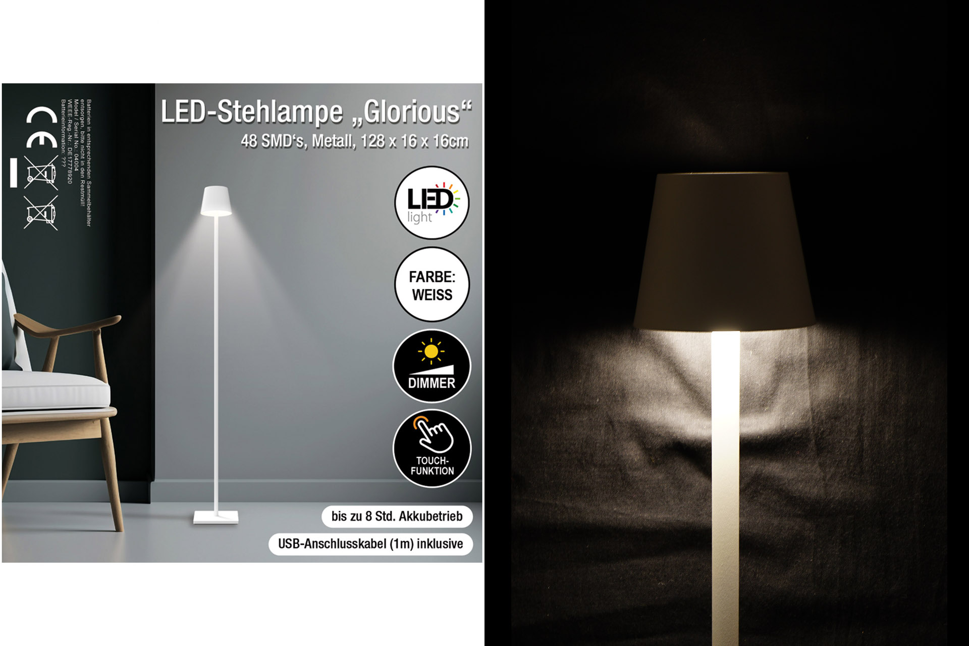 Stehlampe LED „Glorious“, 118x16x16cm, dimmbar, mit Touchfunktion, weiß